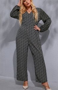 Plus Allover Print Lantern Sleeve Jumpsuit Without Belt